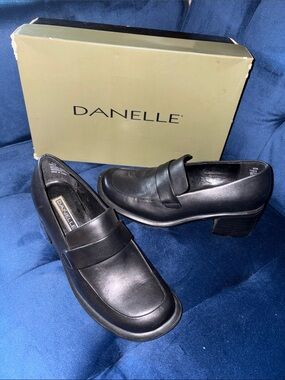 Danelle Black Leather Block Heel Loafers for Women